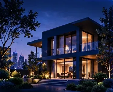 Modern house lit up at dusk